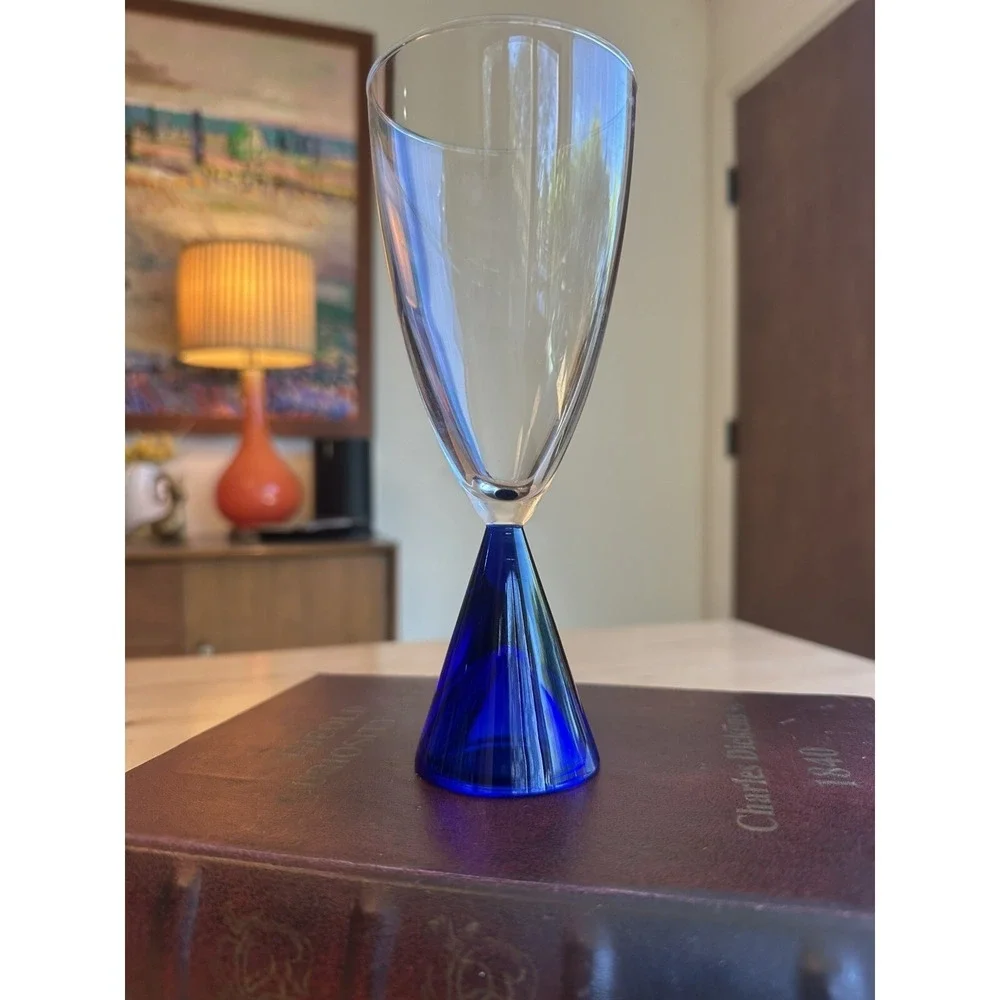 Vintage Sasaki Glass Eon Cobalt Blue Bottom Flute footed Goblets 7.5